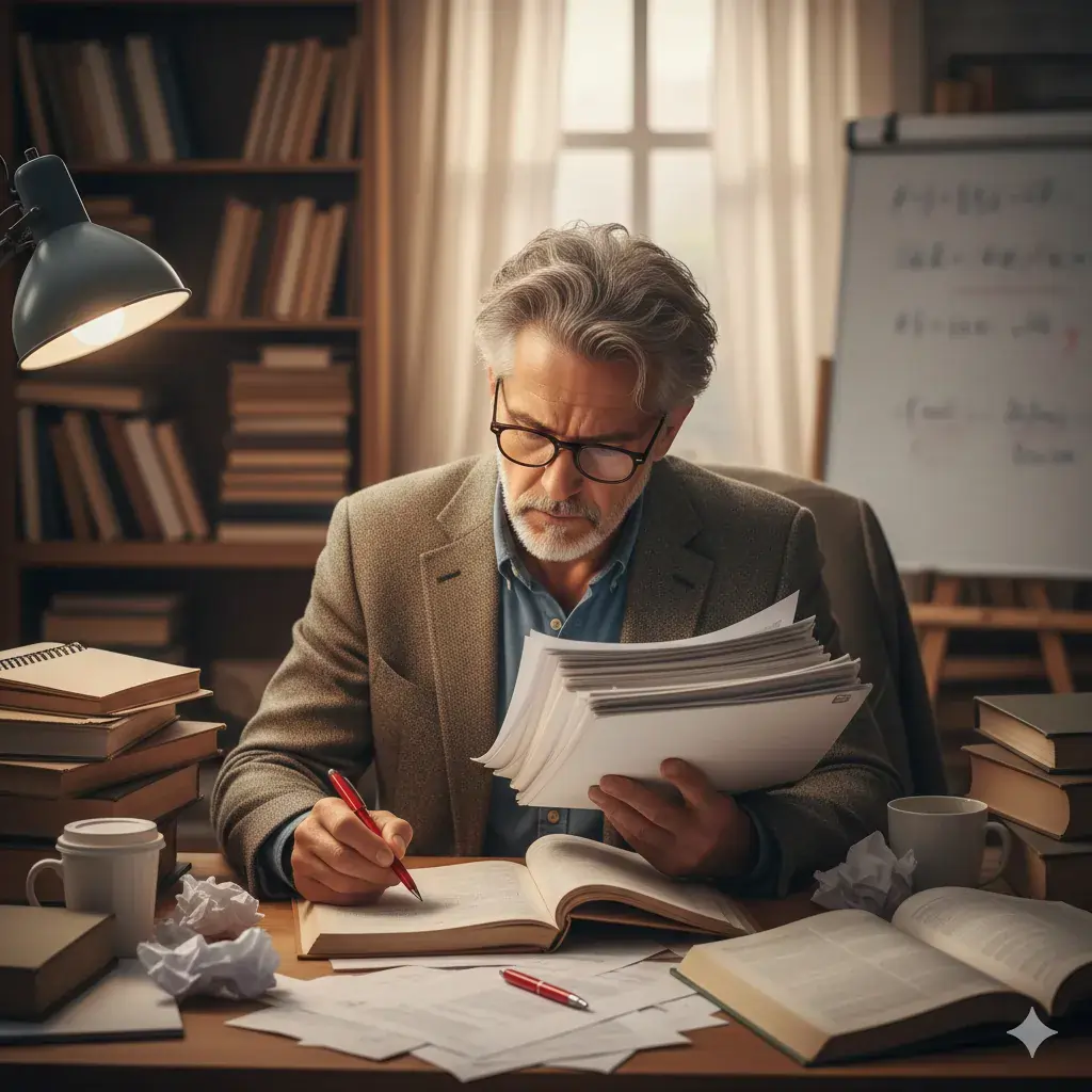 Insert Image of a busy Professor checking exam copies with focus